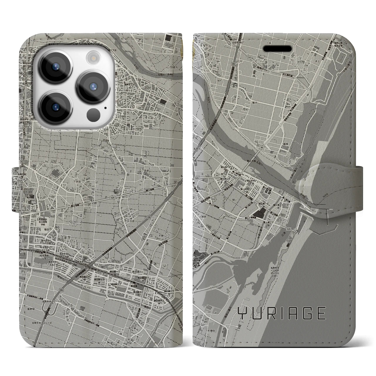【閖上(宮城県)】地図柄iPhoneケース(手帳タイプ)モノトーン・iPhone 14 Pro 用