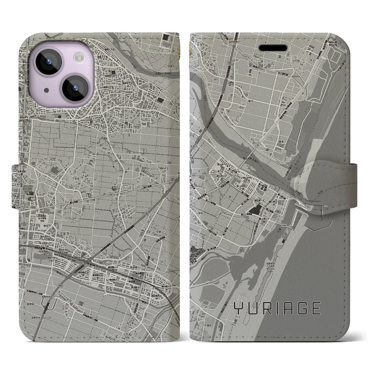 【閖上(宮城県)】地図柄iPhoneケース(手帳タイプ)モノトーン・iPhone 14 用
