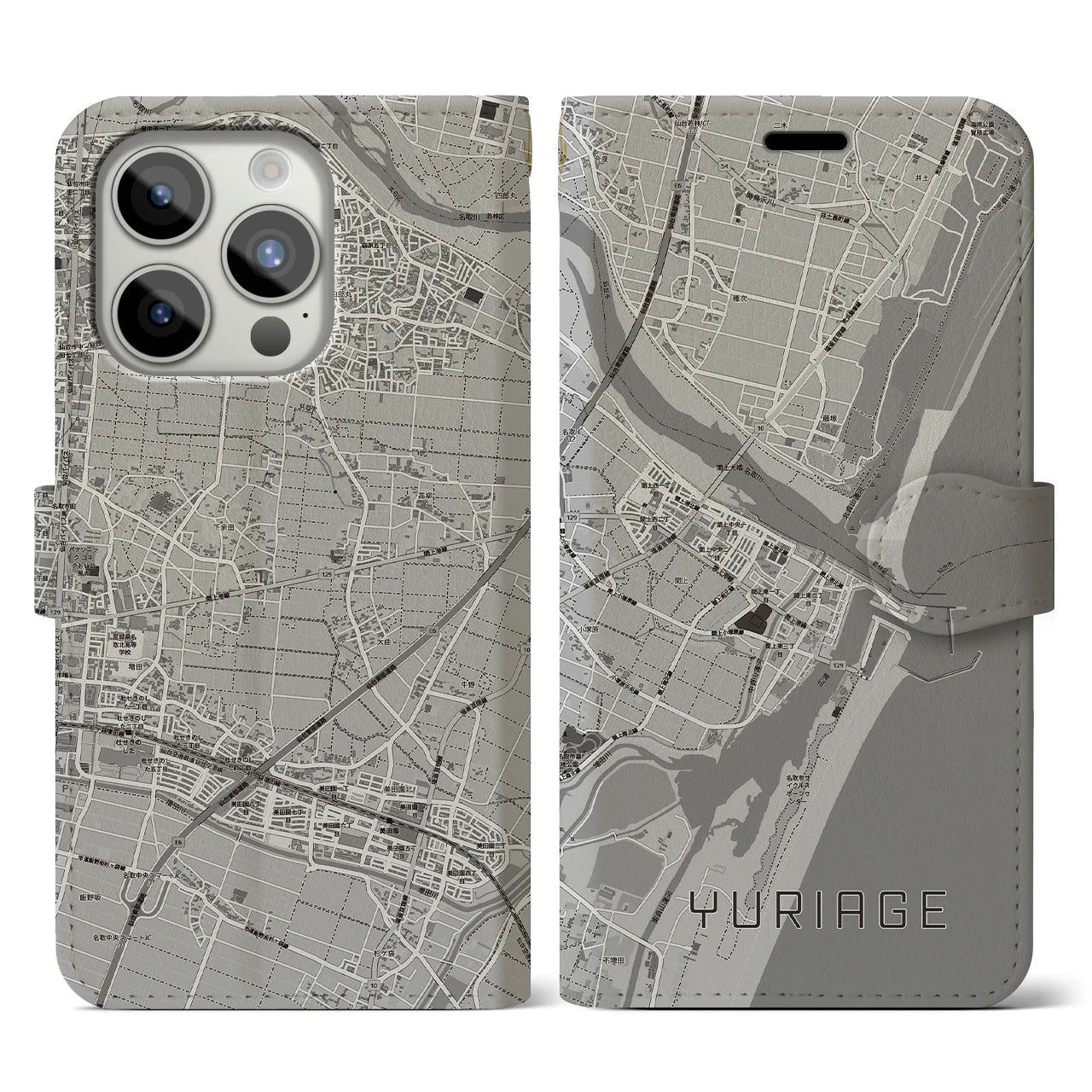 【閖上(宮城県)】地図柄iPhoneケース(手帳タイプ)モノトーン・iPhone 15 Pro 用