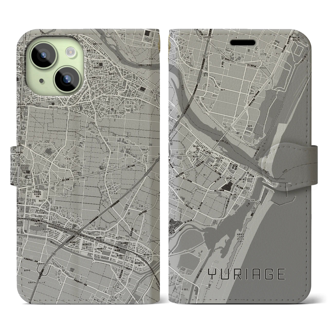 【閖上(宮城県)】地図柄iPhoneケース(手帳タイプ)モノトーン・iPhone 15 用