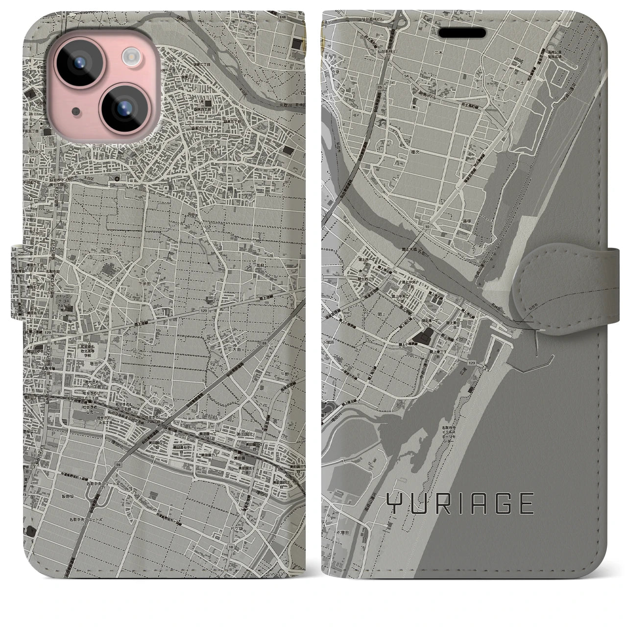 【閖上(宮城県)】地図柄iPhoneケース(手帳タイプ)モノトーン・iPhone 15 Plus 用