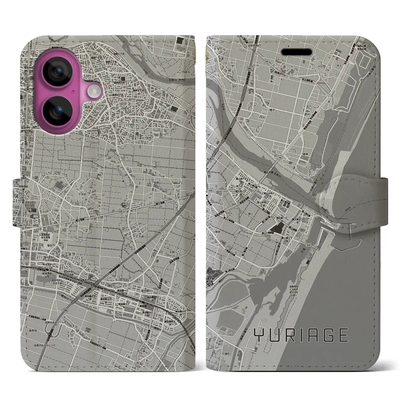 【閖上(宮城県)】地図柄iPhoneケース(手帳タイプ)モノトーン・iPhone 16 Pro 用