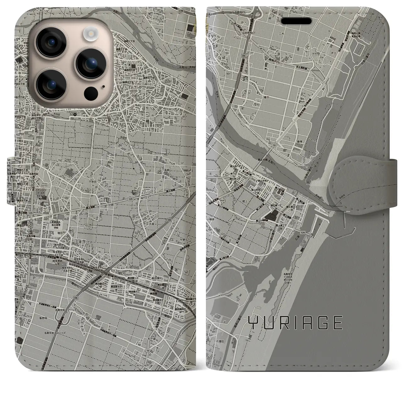 【閖上(宮城県)】地図柄iPhoneケース(手帳タイプ)モノトーン・iPhone 16 Plus 用