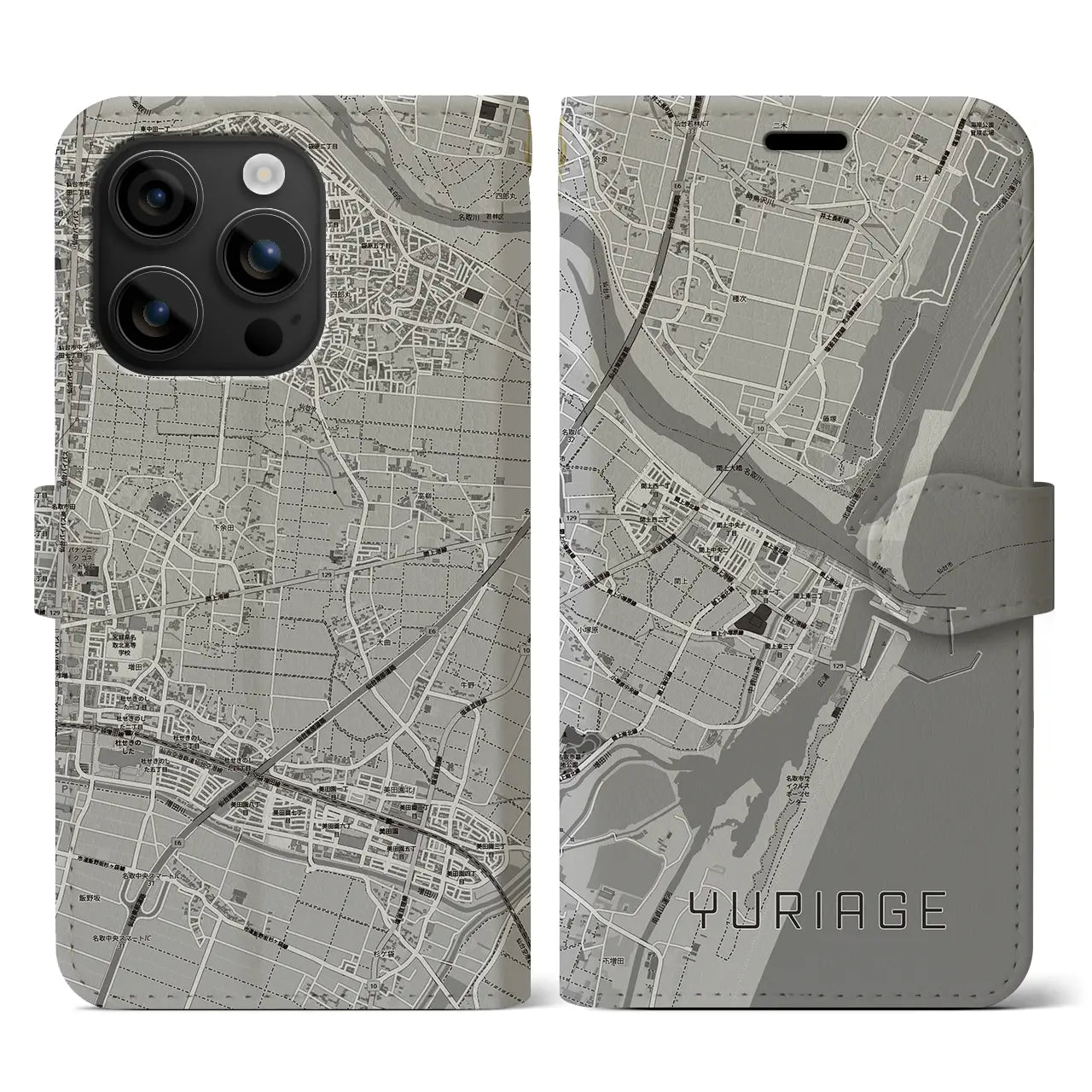 【閖上(宮城県)】地図柄iPhoneケース(手帳タイプ)モノトーン・iPhone 16 用