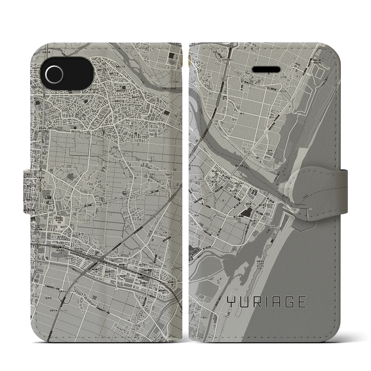 【閖上(宮城県)】地図柄iPhoneケース(手帳タイプ)モノトーン・iPhone SE(第3 / 第2世代) / 8 / 7 / 6s / 6 用