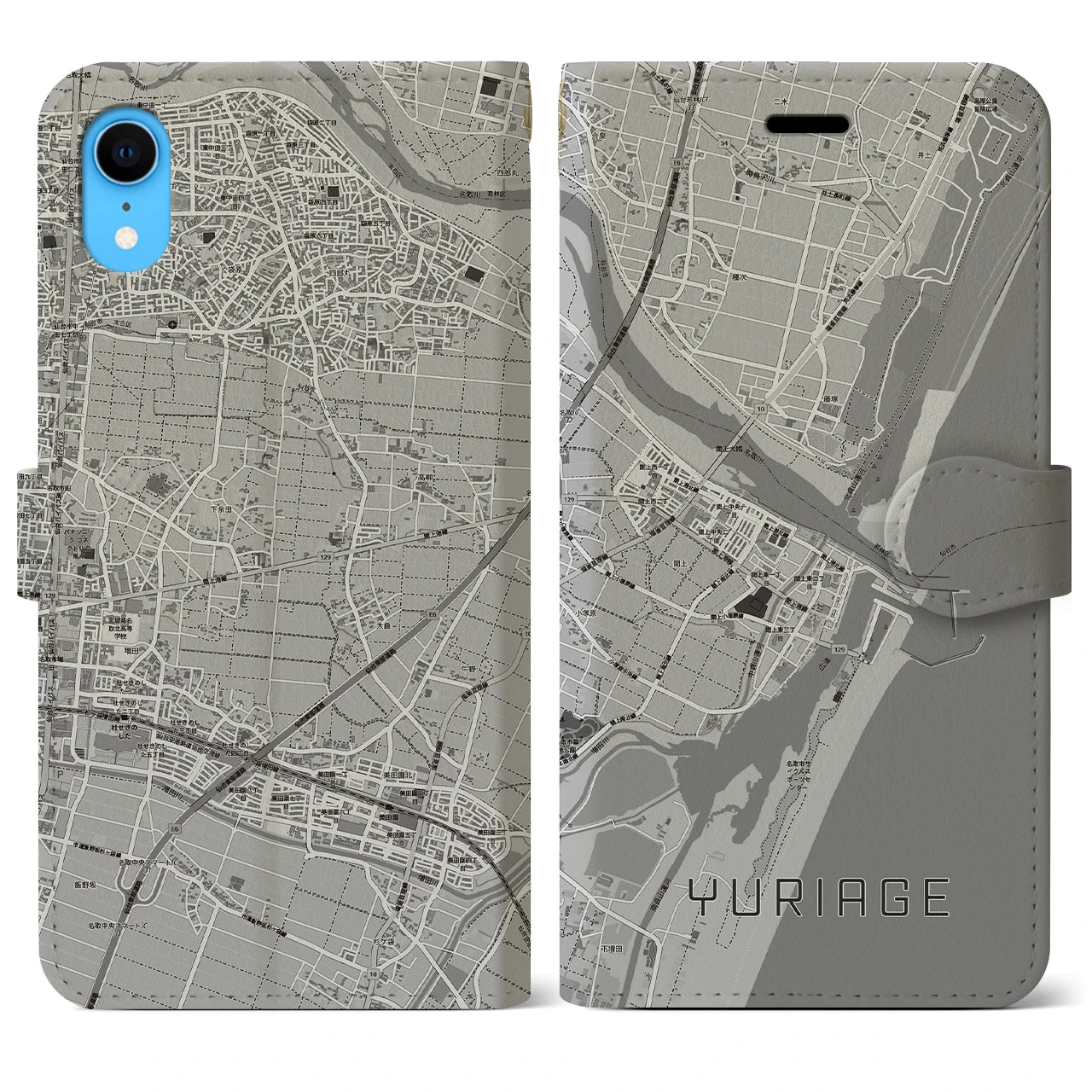【閖上(宮城県)】地図柄iPhoneケース(手帳タイプ)モノトーン・iPhone XR 用
