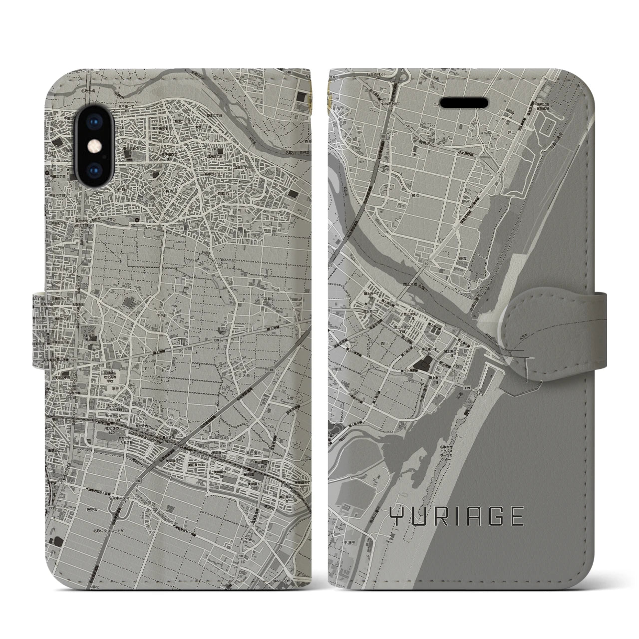 【閖上(宮城県)】地図柄iPhoneケース(手帳タイプ)モノトーン・iPhone XS / X 用