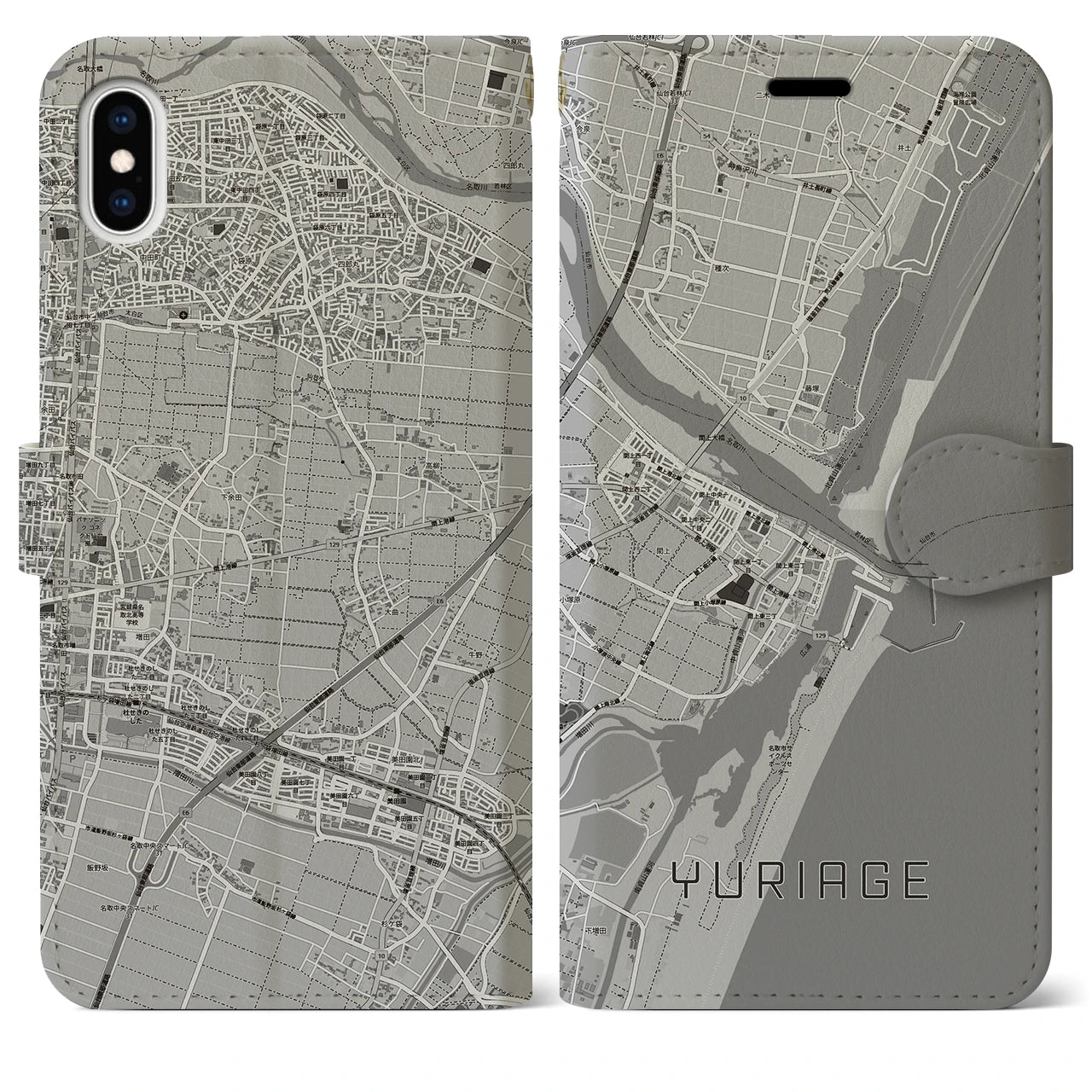 【閖上(宮城県)】地図柄iPhoneケース(手帳タイプ)モノトーン・iPhone XS Max 用