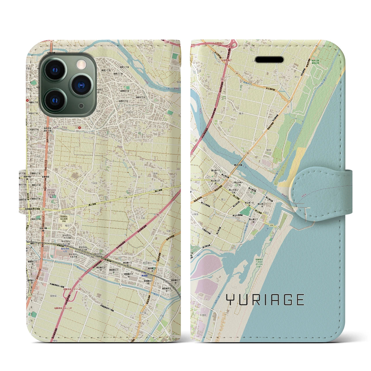【閖上(宮城県)】地図柄iPhoneケース(手帳タイプ)ナチュラル・iPhone 11 Pro 用