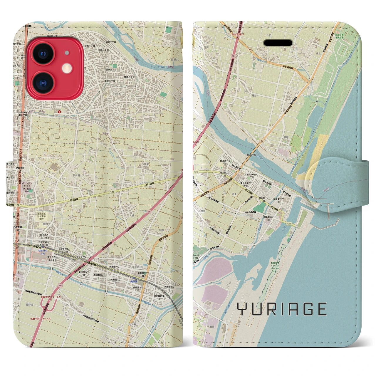 【閖上(宮城県)】地図柄iPhoneケース(手帳タイプ)ナチュラル・iPhone 11 用