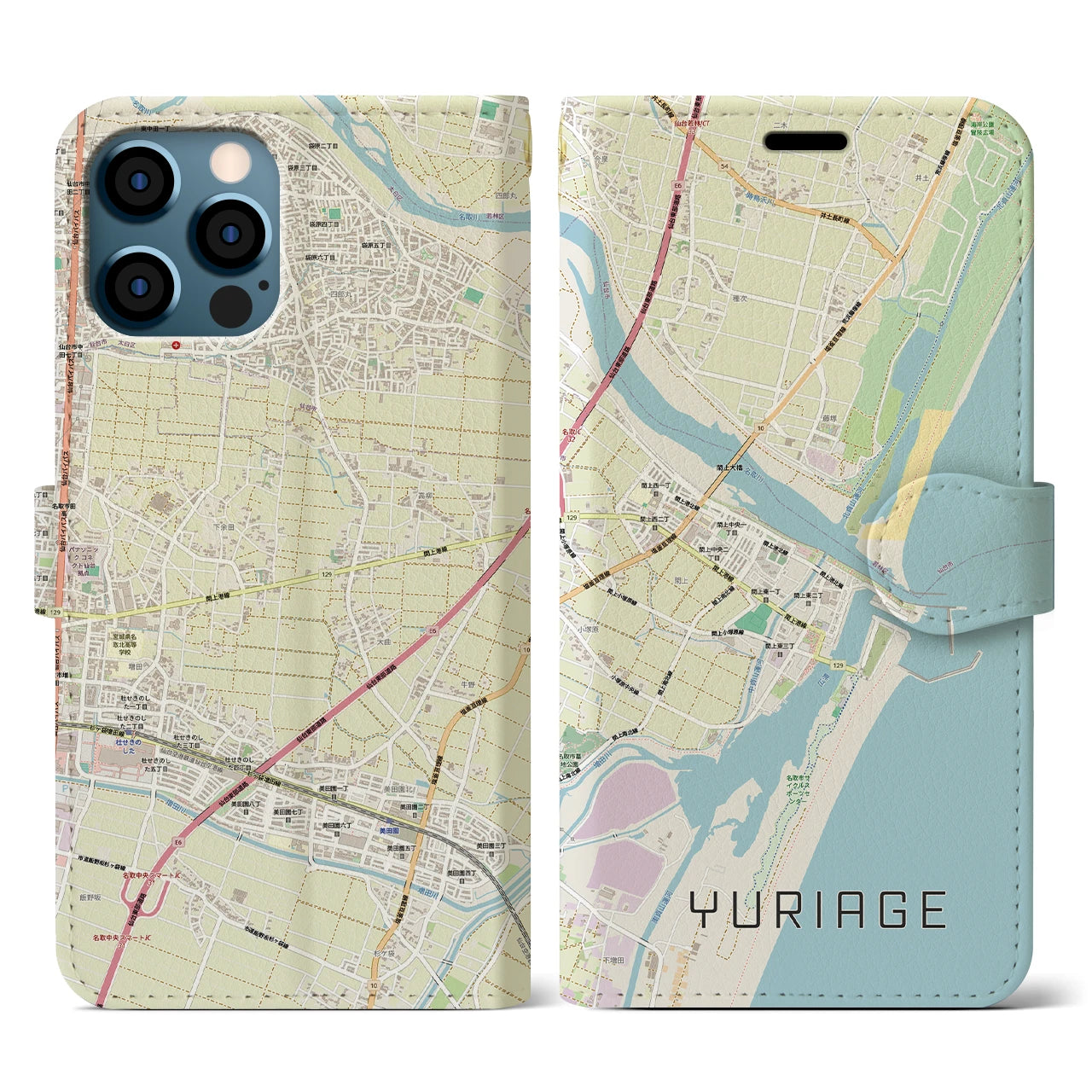 【閖上(宮城県)】地図柄iPhoneケース(手帳タイプ)ナチュラル・iPhone 12 / 12 Pro 用