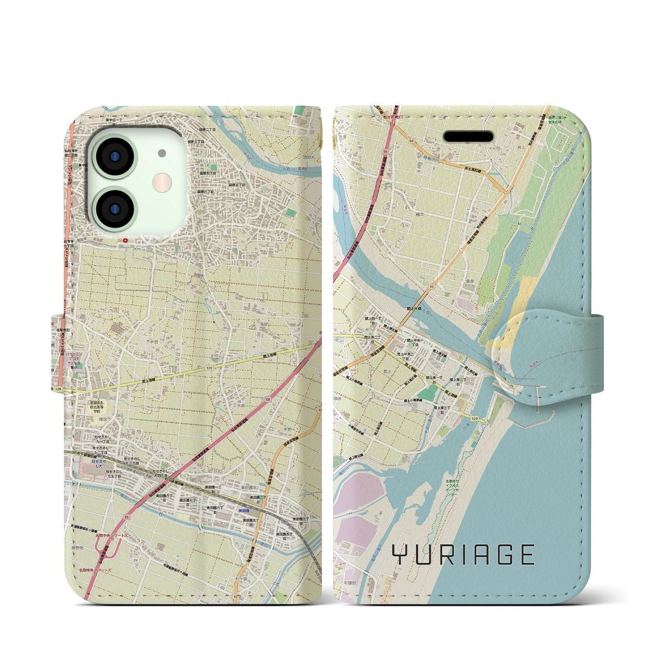 【閖上(宮城県)】地図柄iPhoneケース(手帳タイプ)ナチュラル・iPhone 12 mini 用