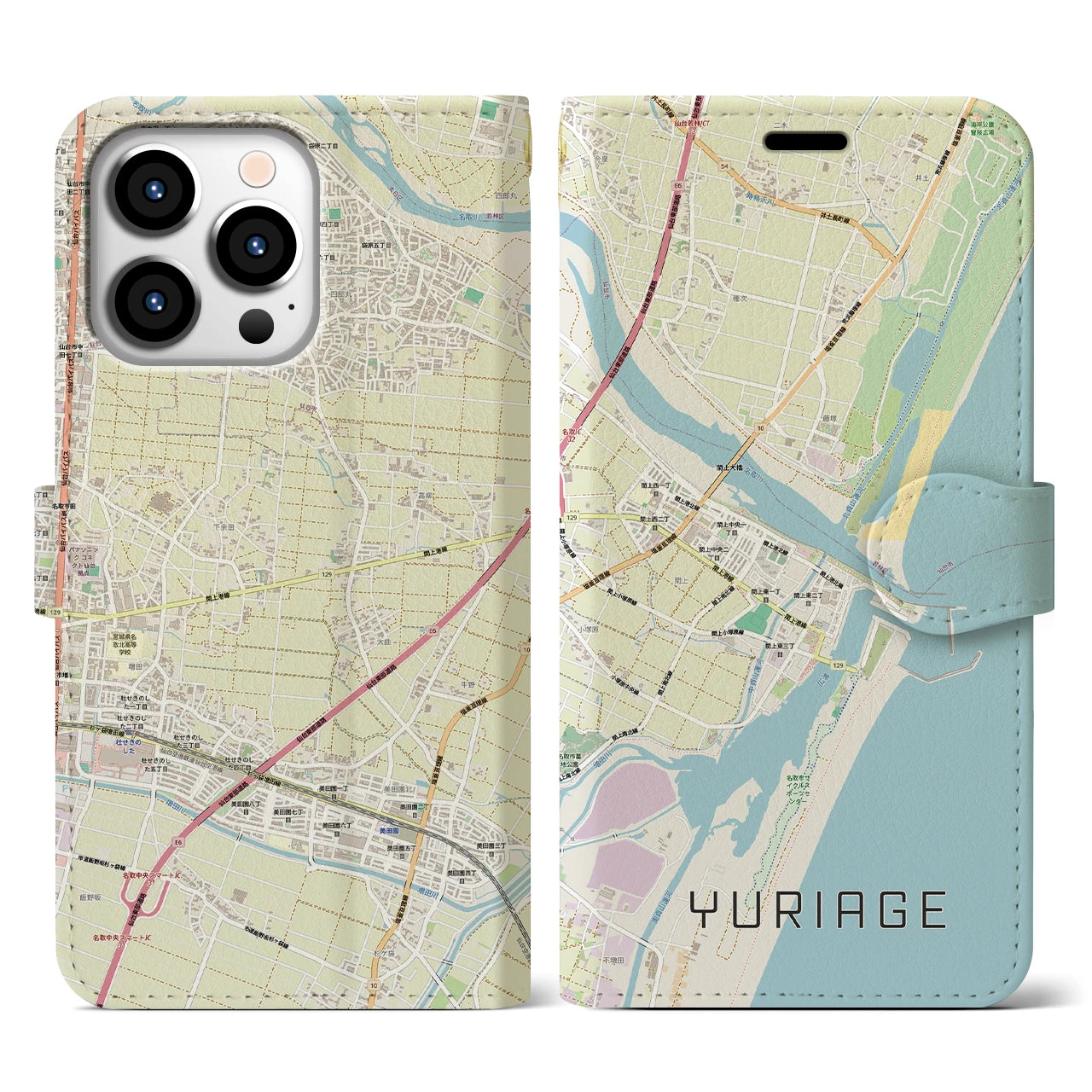 【閖上(宮城県)】地図柄iPhoneケース(手帳タイプ)ナチュラル・iPhone 13 Pro 用