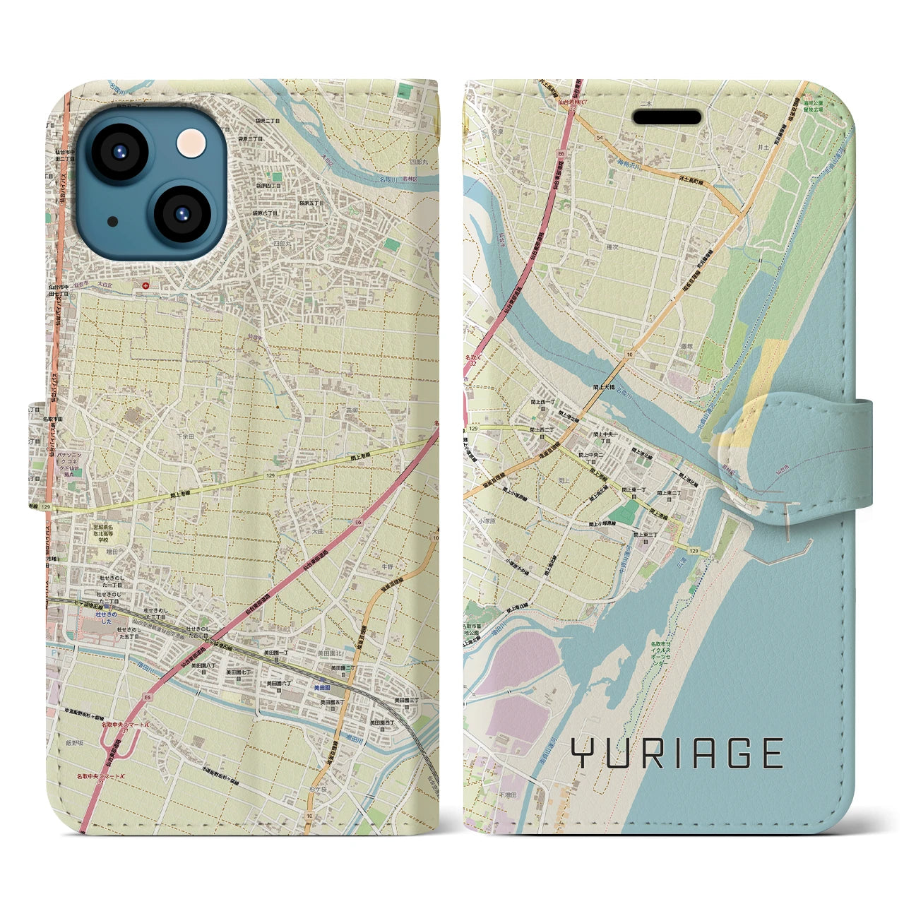 【閖上(宮城県)】地図柄iPhoneケース(手帳タイプ)ナチュラル・iPhone 13 用