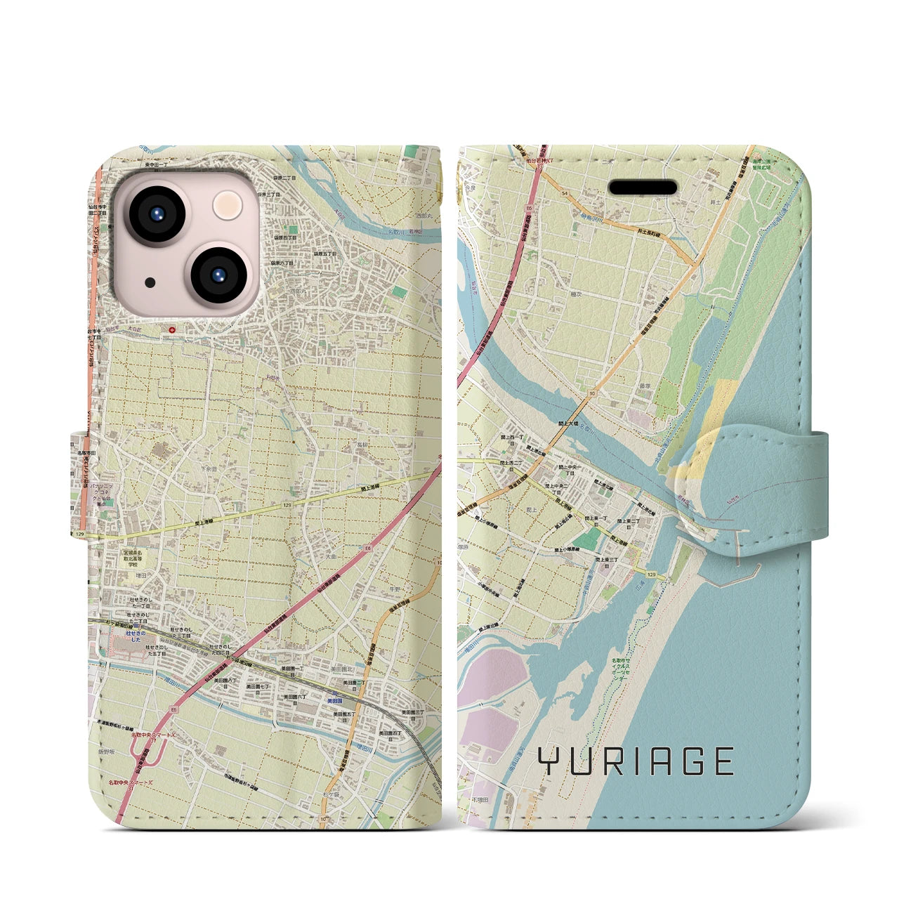 【閖上(宮城県)】地図柄iPhoneケース(手帳タイプ)ナチュラル・iPhone 13 mini 用