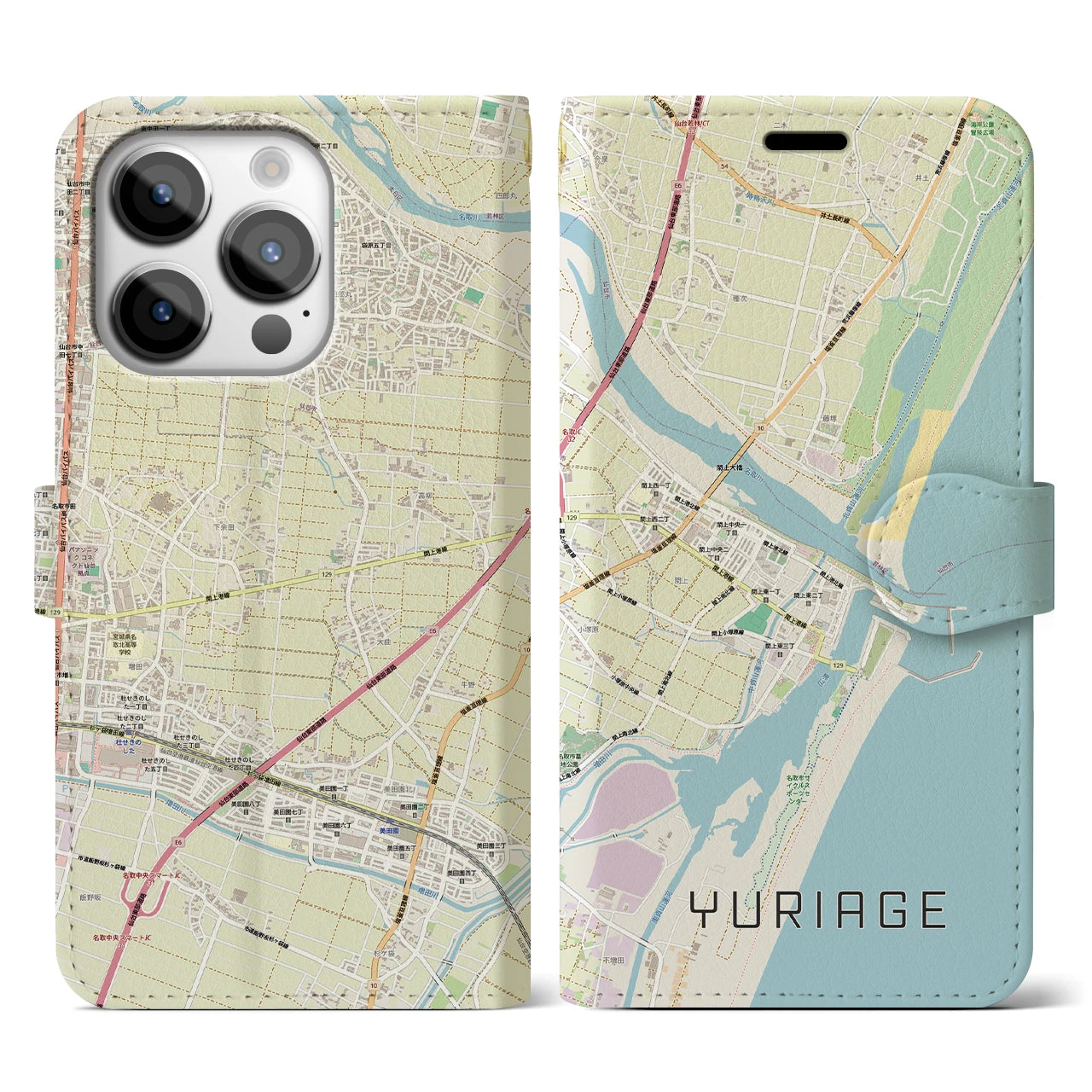 【閖上(宮城県)】地図柄iPhoneケース(手帳タイプ)ナチュラル・iPhone 14 Pro 用