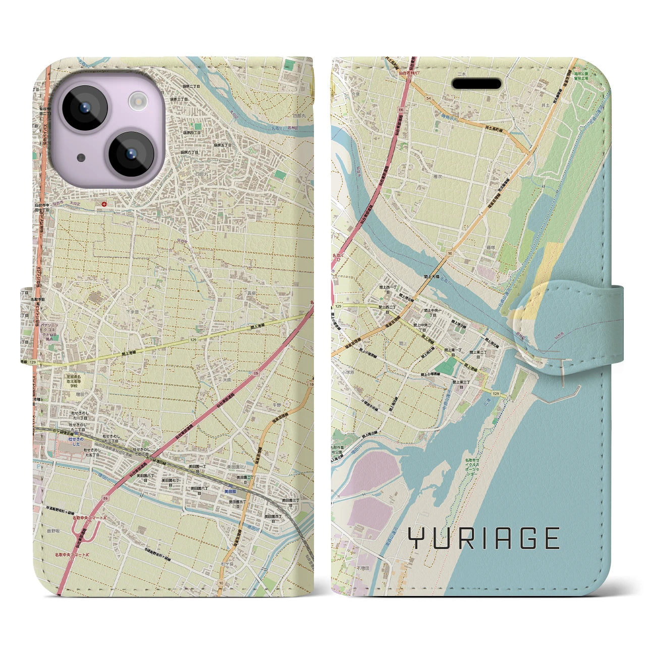 【閖上(宮城県)】地図柄iPhoneケース(手帳タイプ)ナチュラル・iPhone 14 用