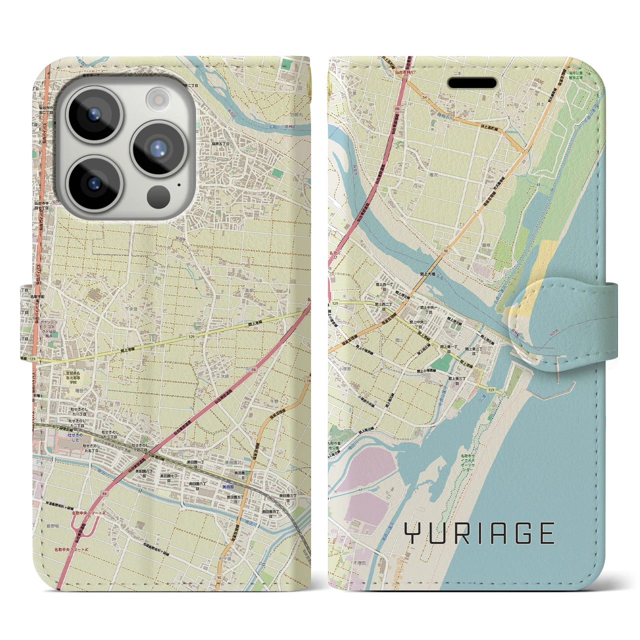 【閖上(宮城県)】地図柄iPhoneケース(手帳タイプ)ナチュラル・iPhone 15 Pro 用