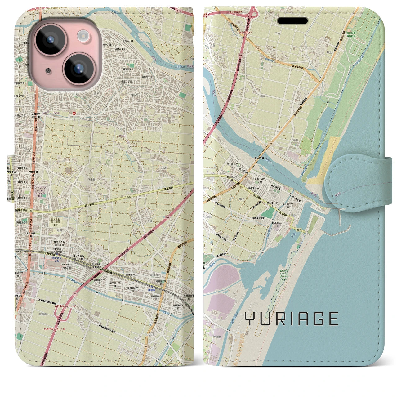 【閖上(宮城県)】地図柄iPhoneケース(手帳タイプ)ナチュラル・iPhone 15 Plus 用