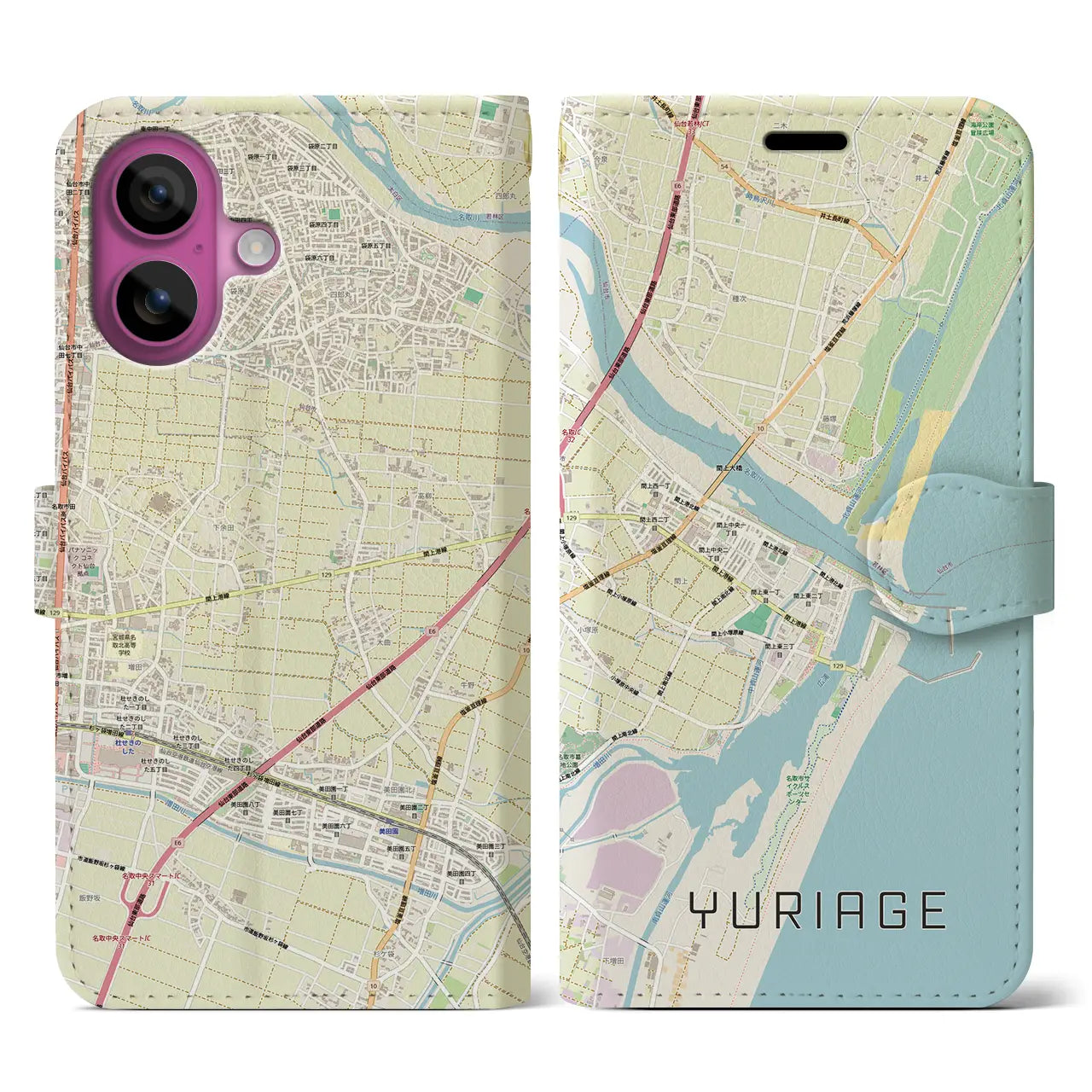【閖上(宮城県)】地図柄iPhoneケース(手帳タイプ)ナチュラル・iPhone 16 Pro 用
