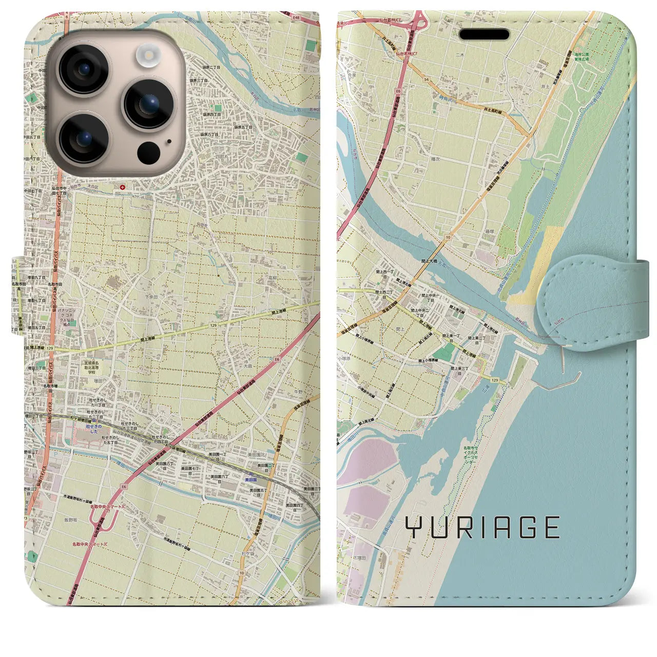 【閖上(宮城県)】地図柄iPhoneケース(手帳タイプ)ナチュラル・iPhone 16 Plus 用