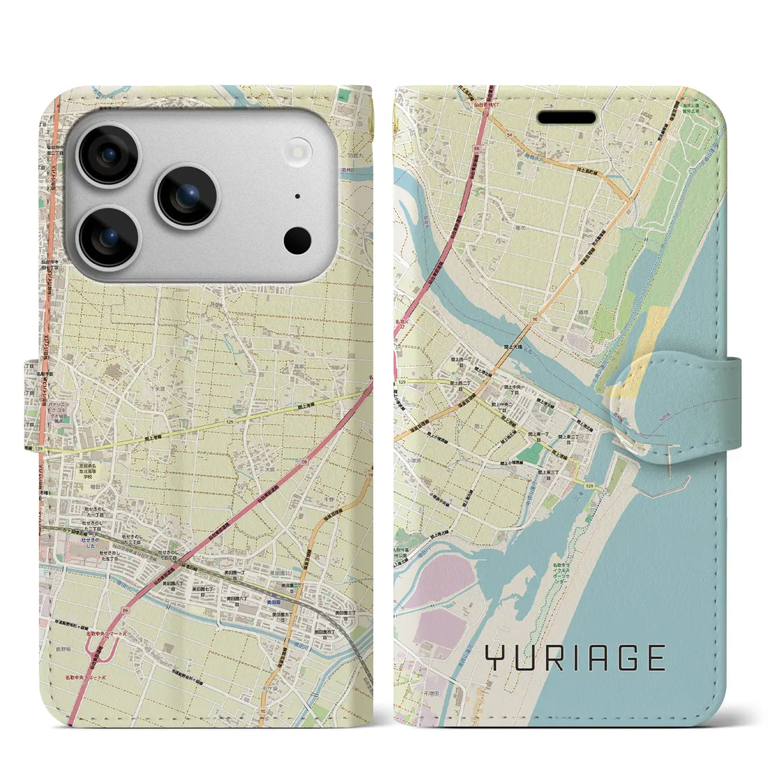 【閖上(宮城県)】地図柄iPhoneケース(手帳タイプ)ナチュラル・iPhone 17 Pro Max 用