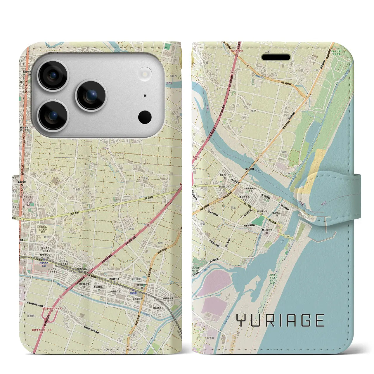 【閖上(宮城県)】地図柄iPhoneケース(手帳タイプ)ナチュラル・iPhone 17 Pro Max 用