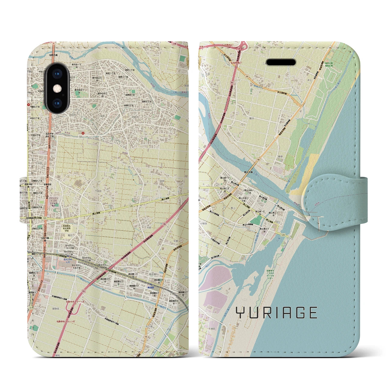 【閖上(宮城県)】地図柄iPhoneケース(手帳タイプ)ナチュラル・iPhone XS / X 用