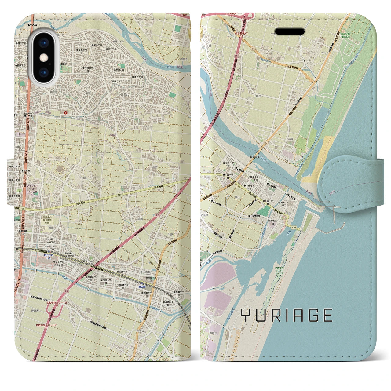 【閖上(宮城県)】地図柄iPhoneケース(手帳タイプ)ナチュラル・iPhone XS Max 用