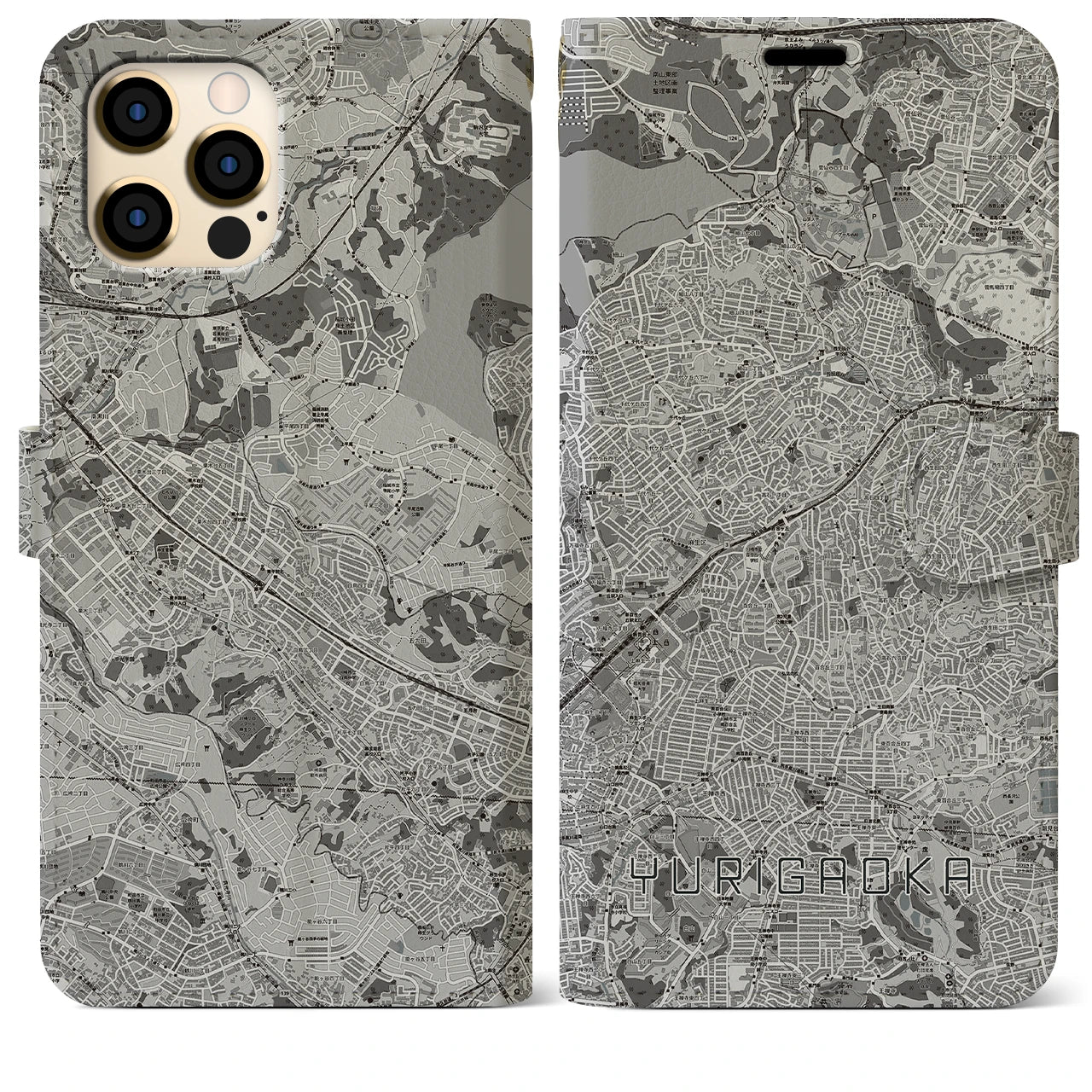 【百合ヶ丘(神奈川県)】地図柄iPhoneケース(手帳タイプ)モノトーン・iPhone 12 Pro Max 用
