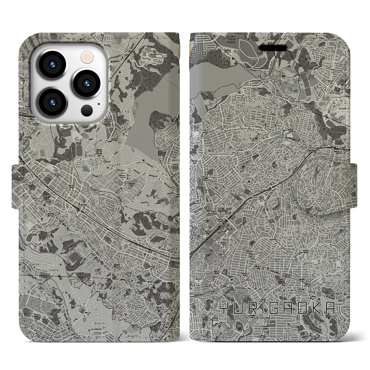 【百合ヶ丘(神奈川県)】地図柄iPhoneケース(手帳タイプ)モノトーン・iPhone 13 Pro 用