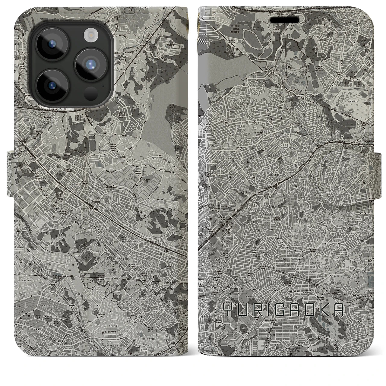 【百合ヶ丘(神奈川県)】地図柄iPhoneケース(手帳タイプ)モノトーン・iPhone 15 Pro Max 用