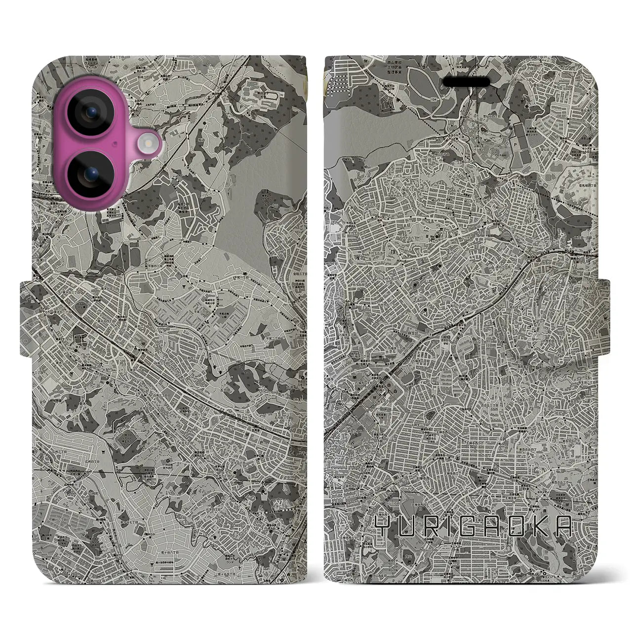 【百合ヶ丘(神奈川県)】地図柄iPhoneケース(手帳タイプ)モノトーン・iPhone 16 Pro 用