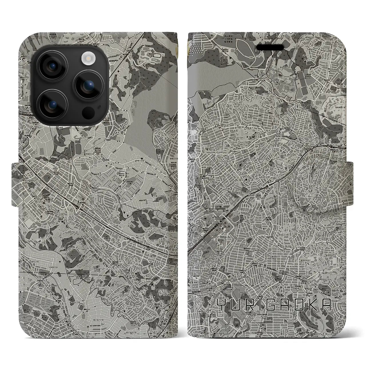 【百合ヶ丘(神奈川県)】地図柄iPhoneケース(手帳タイプ)モノトーン・iPhone 16 用