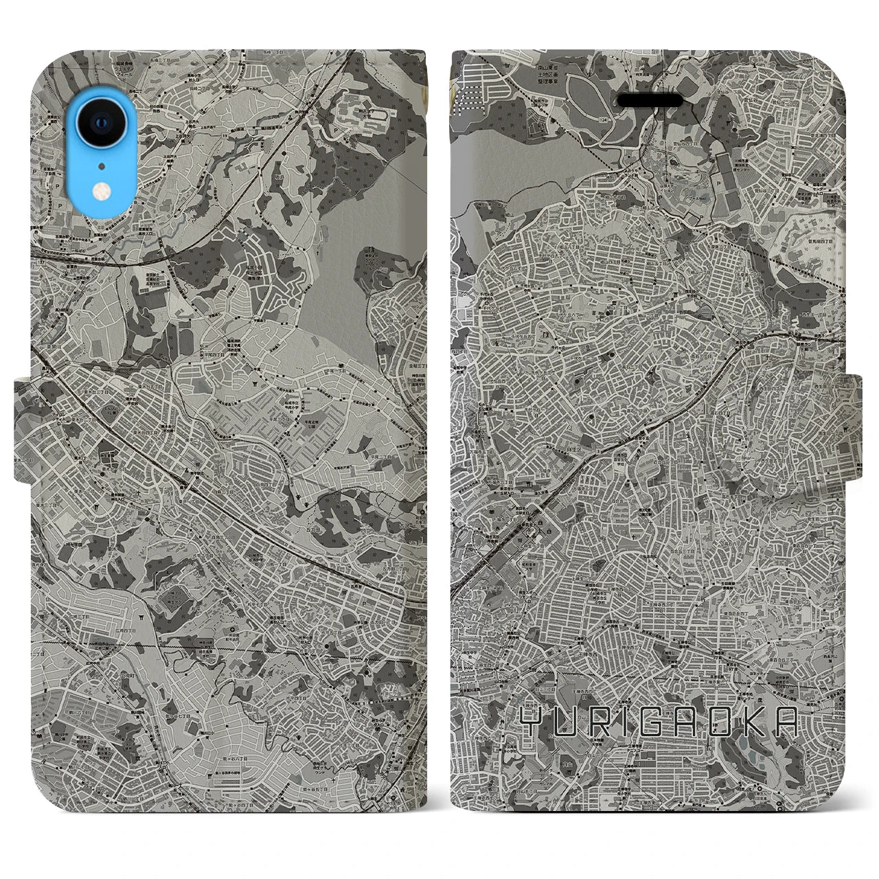 【百合ヶ丘(神奈川県)】地図柄iPhoneケース(手帳タイプ)モノトーン・iPhone XR 用