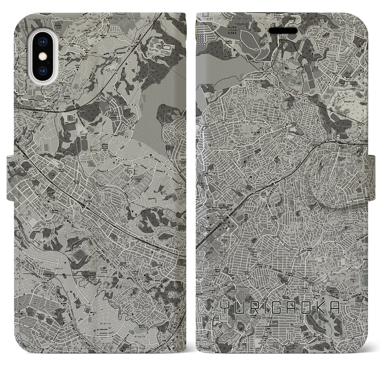 【百合ヶ丘(神奈川県)】地図柄iPhoneケース(手帳タイプ)モノトーン・iPhone XS Max 用