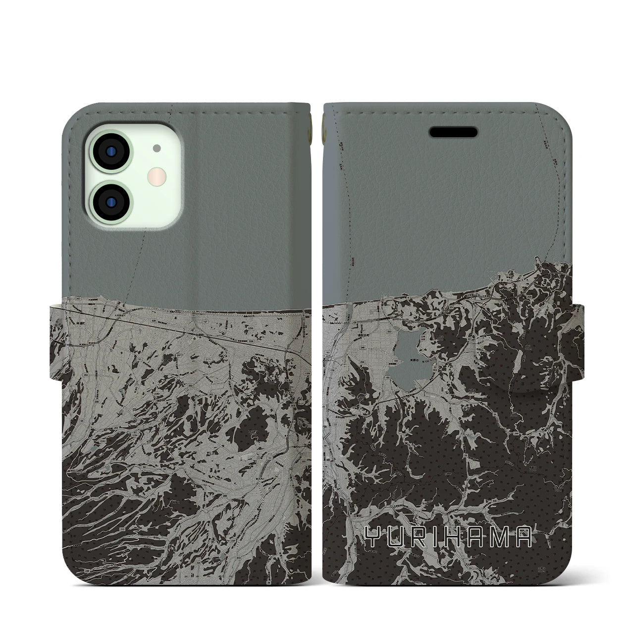 【湯梨浜(鳥取県)】地図柄iPhoneケース(手帳タイプ)モノトーン・iPhone 12 mini 用
