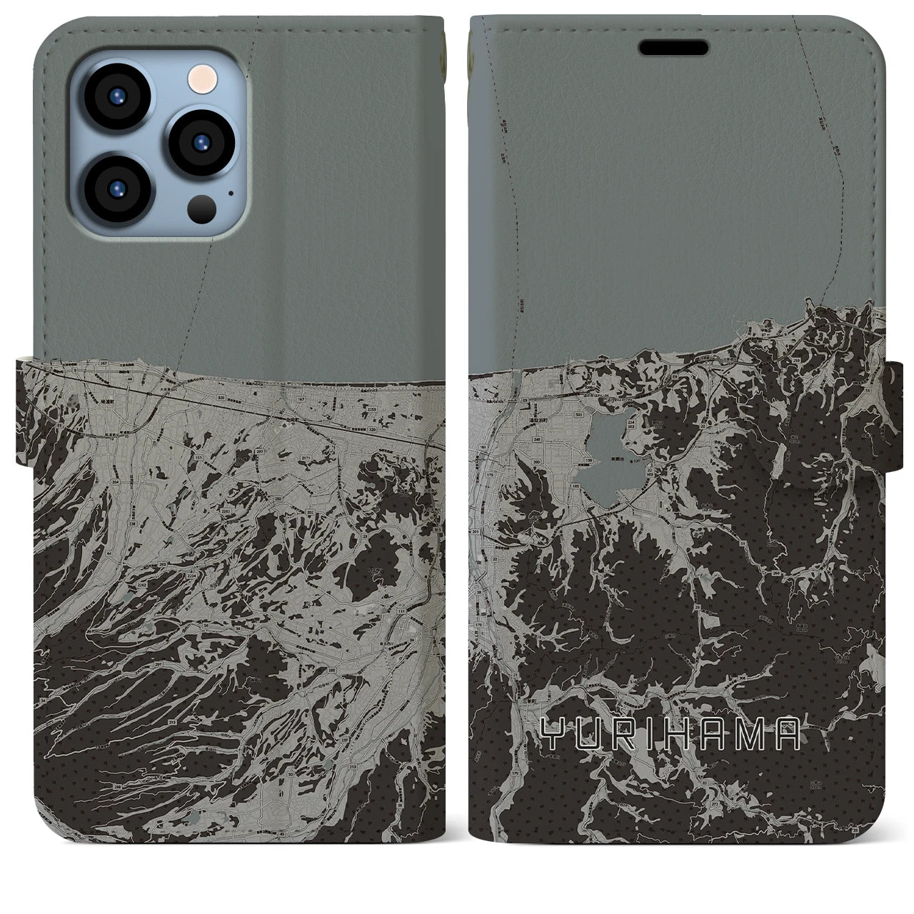 【湯梨浜(鳥取県)】地図柄iPhoneケース(手帳タイプ)モノトーン・iPhone 13 Pro Max 用
