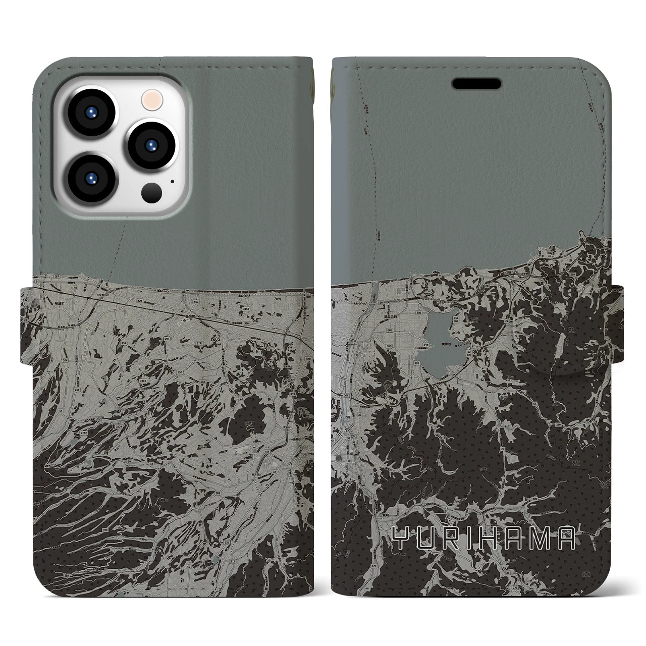 【湯梨浜(鳥取県)】地図柄iPhoneケース(手帳タイプ)モノトーン・iPhone 13 Pro 用
