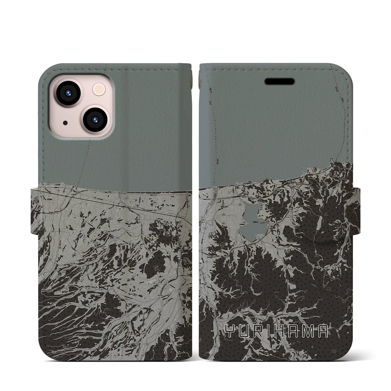 【湯梨浜(鳥取県)】地図柄iPhoneケース(手帳タイプ)モノトーン・iPhone 13 mini 用