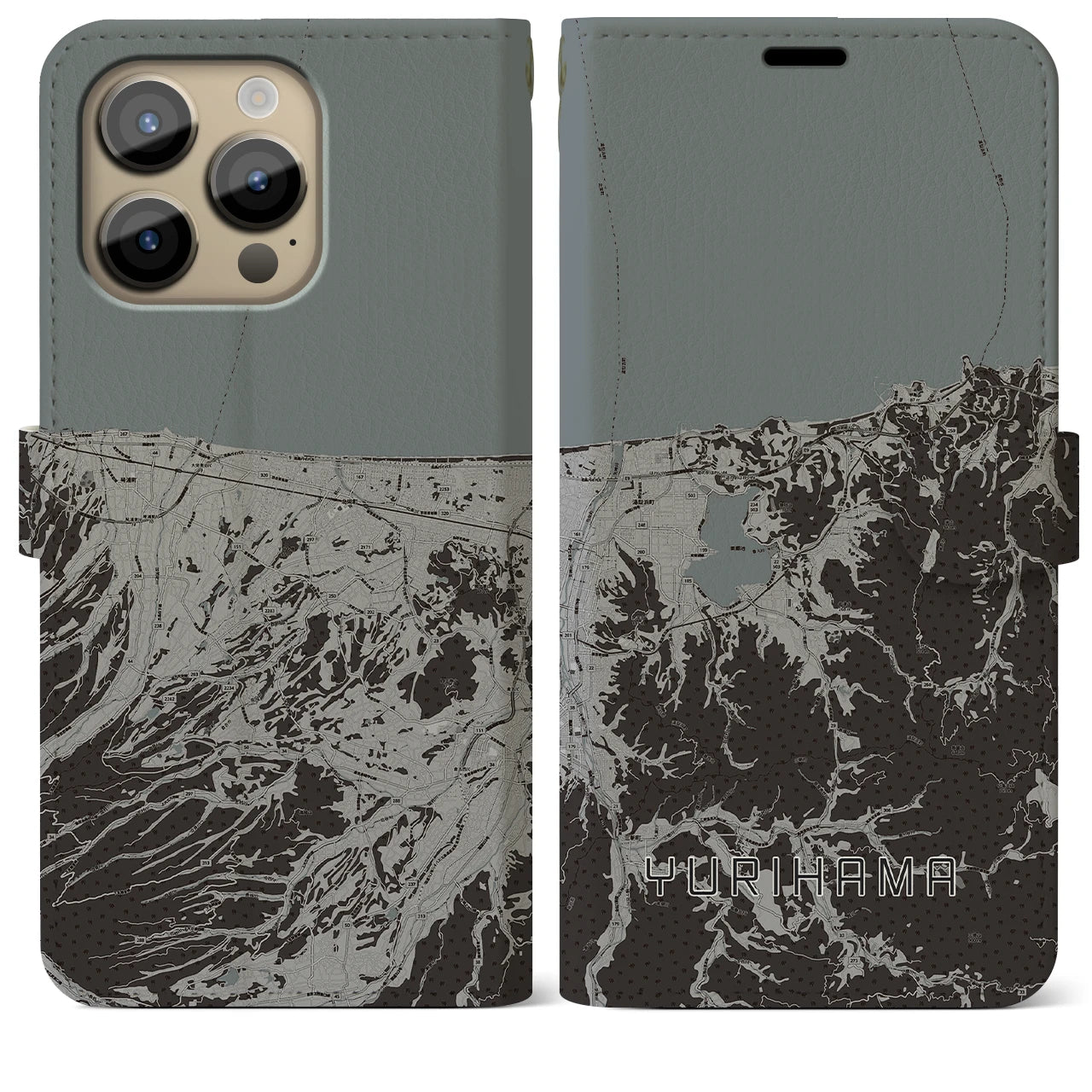 【湯梨浜(鳥取県)】地図柄iPhoneケース(手帳タイプ)モノトーン・iPhone 14 Pro Max 用