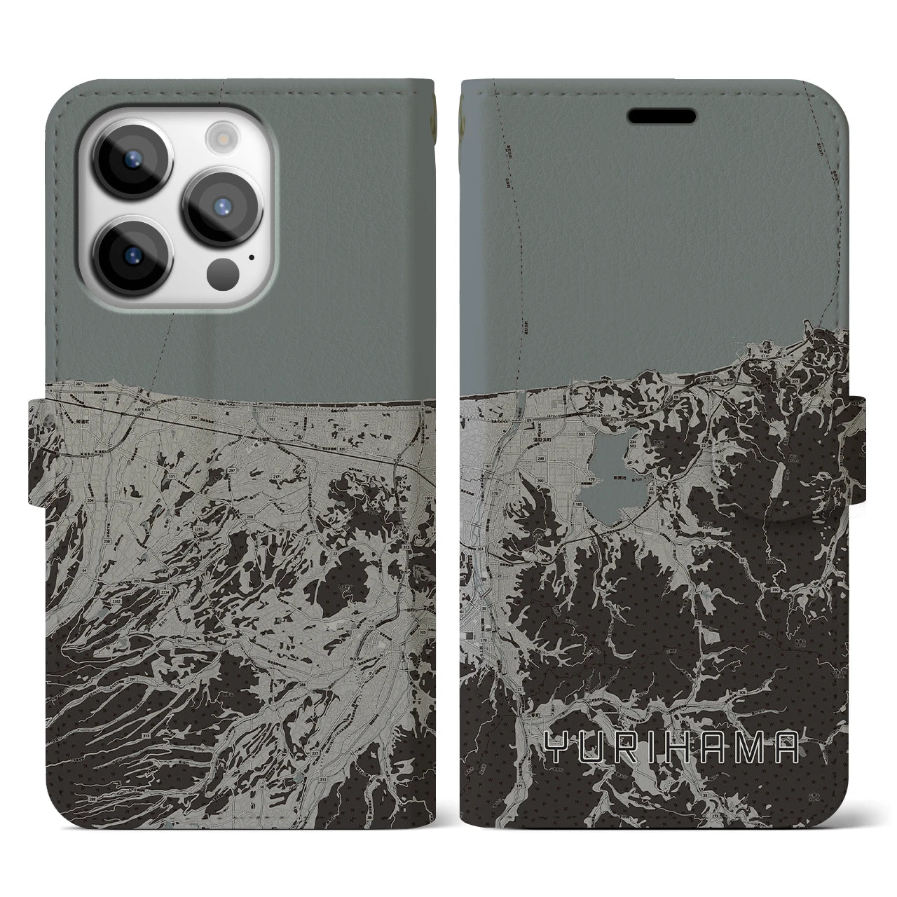 【湯梨浜(鳥取県)】地図柄iPhoneケース(手帳タイプ)モノトーン・iPhone 14 Pro 用