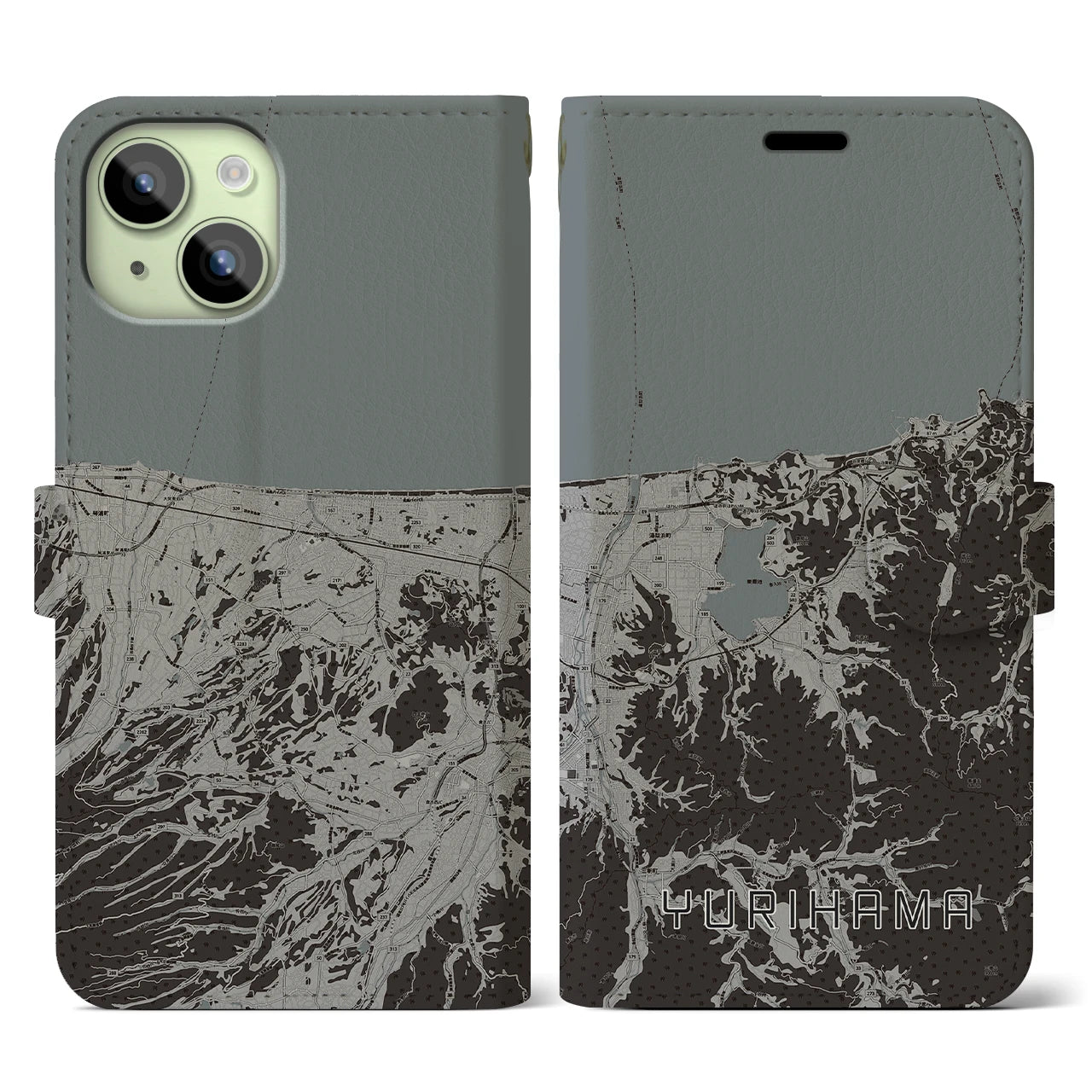 【湯梨浜(鳥取県)】地図柄iPhoneケース(手帳タイプ)モノトーン・iPhone 15 用