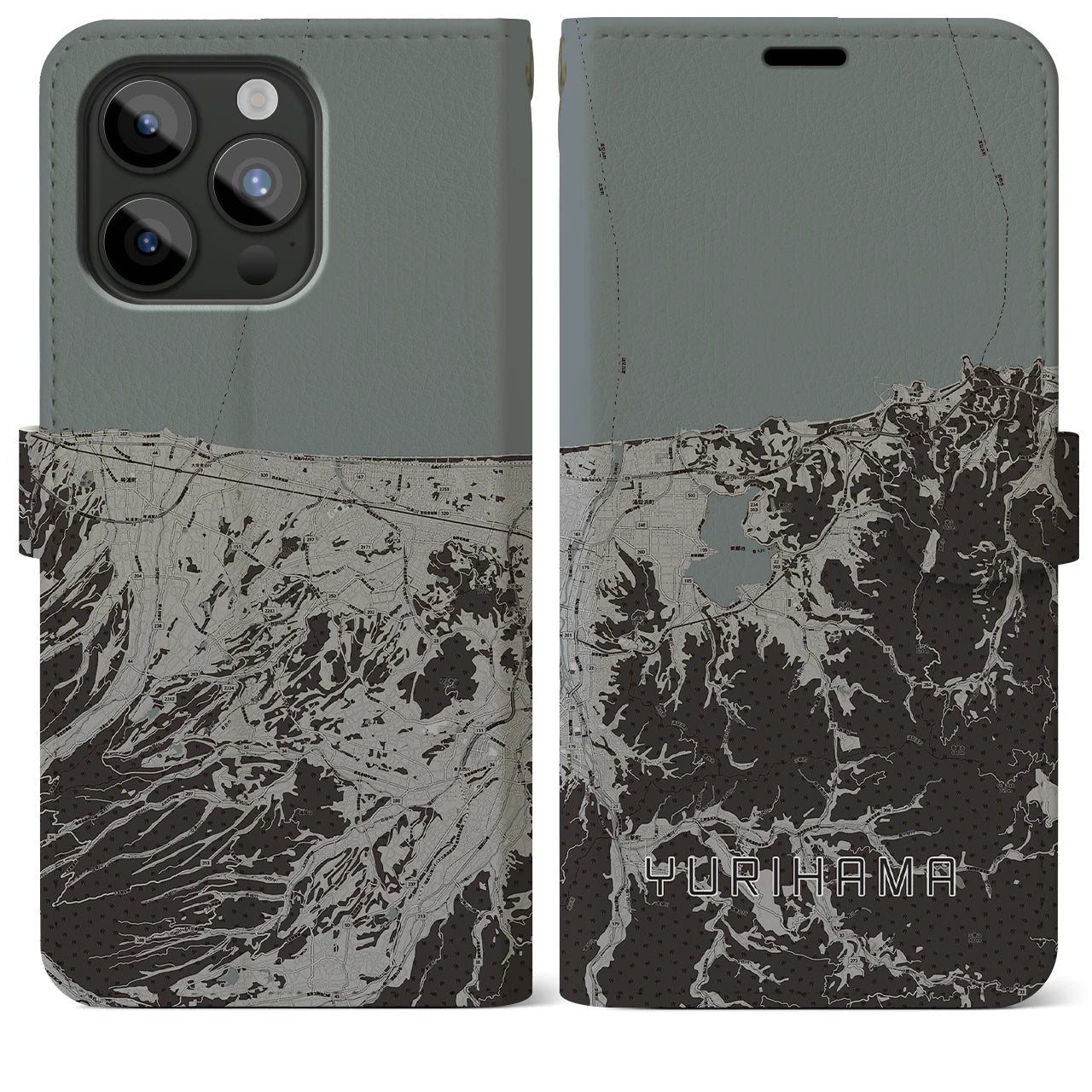 【湯梨浜(鳥取県)】地図柄iPhoneケース(手帳タイプ)モノトーン・iPhone 15 Pro Max 用