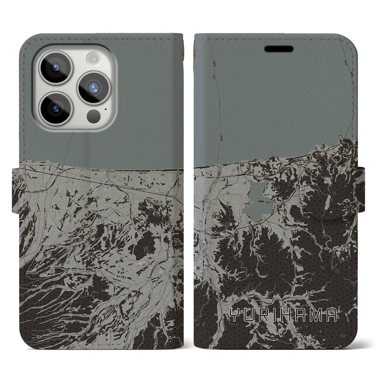 【湯梨浜(鳥取県)】地図柄iPhoneケース(手帳タイプ)モノトーン・iPhone 15 Pro 用
