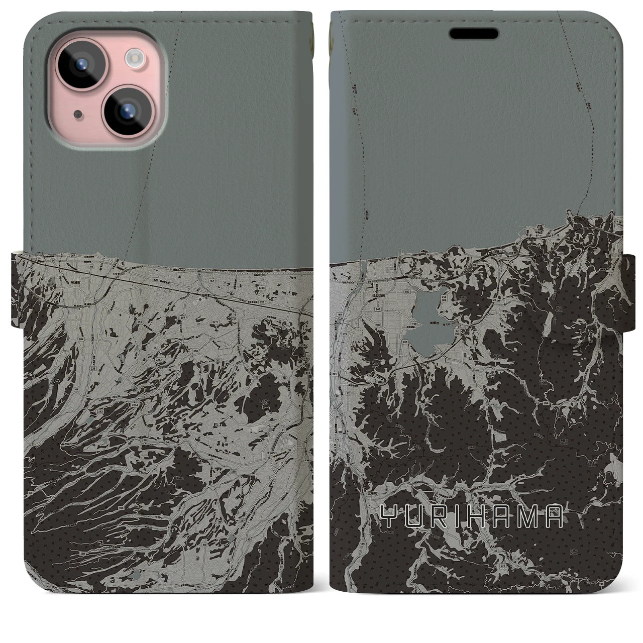 【湯梨浜(鳥取県)】地図柄iPhoneケース(手帳タイプ)モノトーン・iPhone 15 Plus 用