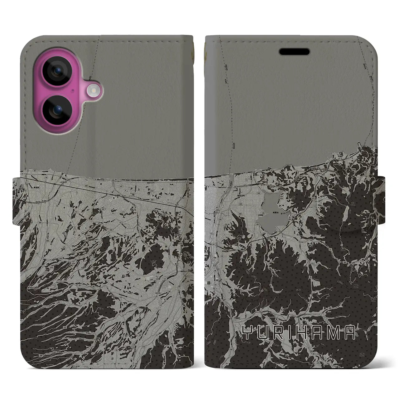 【湯梨浜(鳥取県)】地図柄iPhoneケース(手帳タイプ)モノトーン・iPhone 16 Pro 用