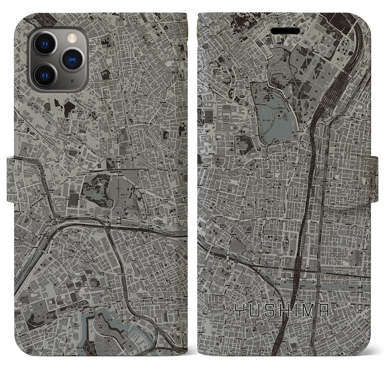 【湯島(東京都)】地図柄iPhoneケース(手帳タイプ)モノトーン・iPhone 11 Pro Max 用