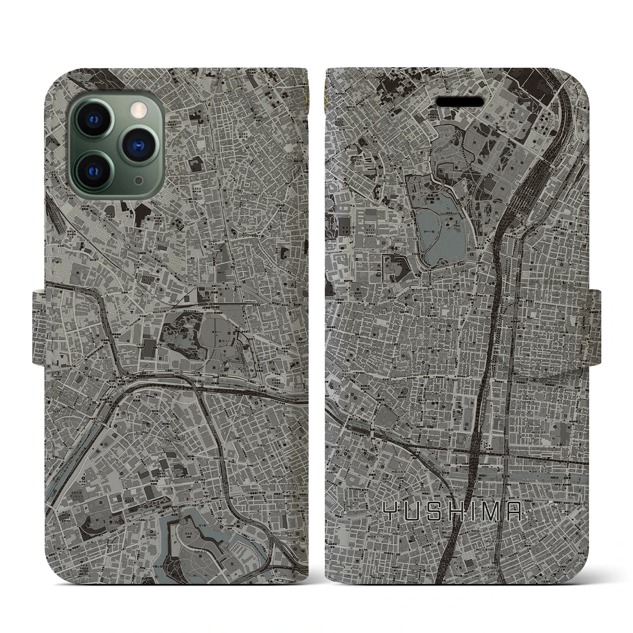 【湯島(東京都)】地図柄iPhoneケース(手帳タイプ)モノトーン・iPhone 11 Pro 用