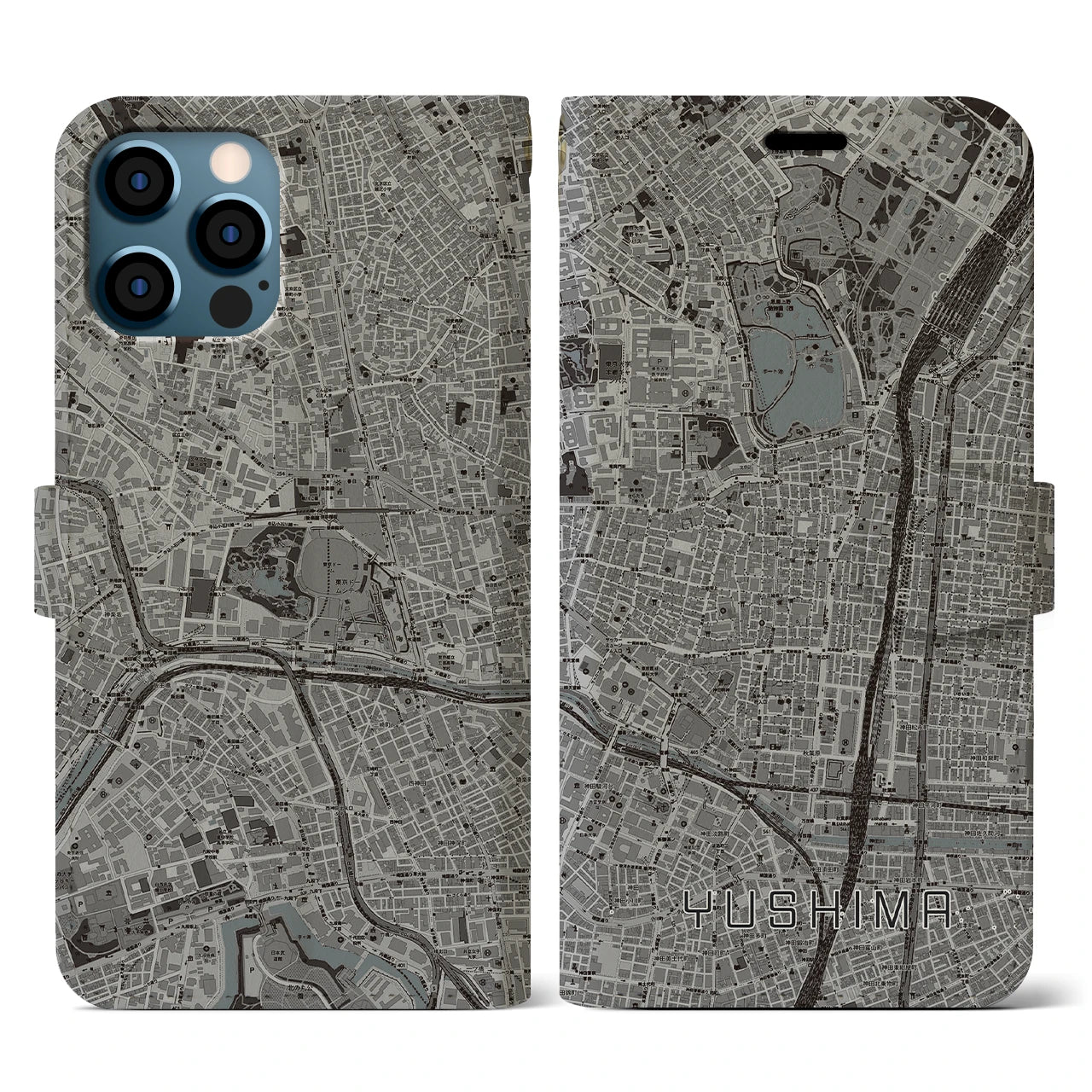 【湯島(東京都)】地図柄iPhoneケース(手帳タイプ)モノトーン・iPhone 12 / 12 Pro 用